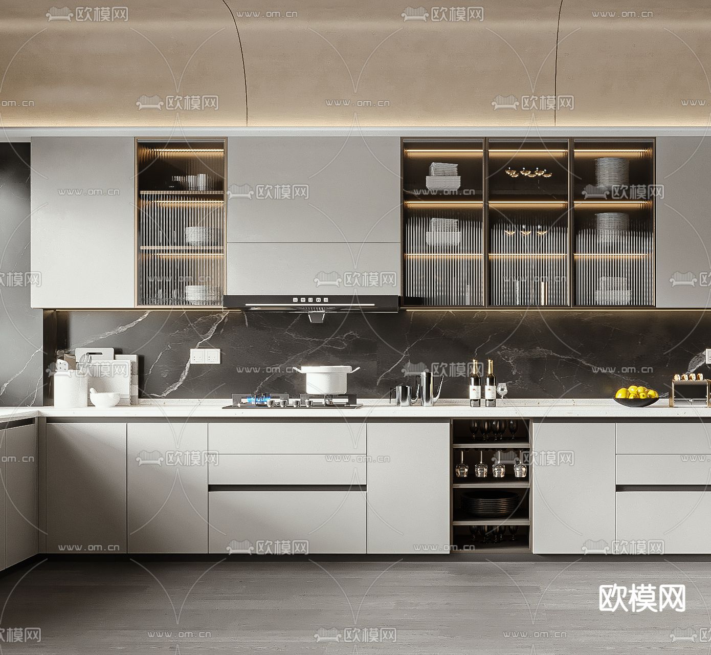现代开放式厨房橱柜3d模型下载（渲染图3）