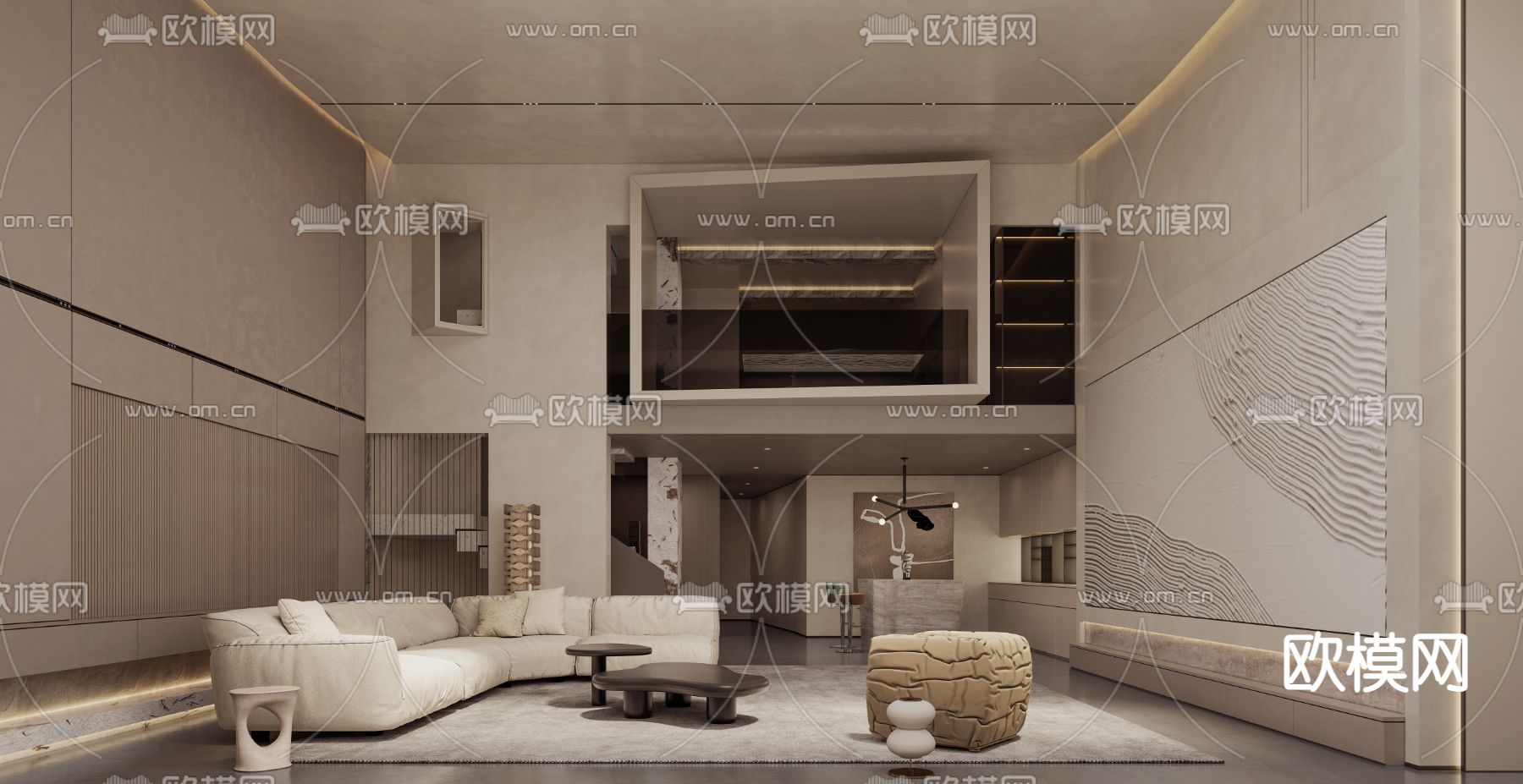 侘寂风别墅客厅3d模型下载（渲染图1）
