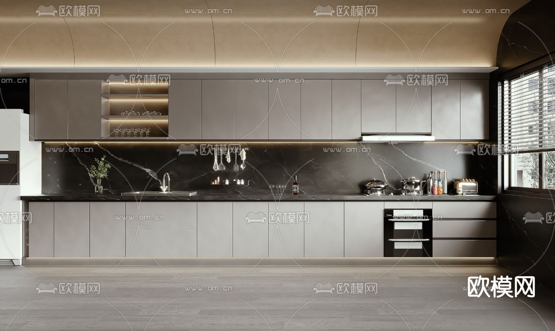 侘寂风厨房橱柜3d模型下载（渲染图1）