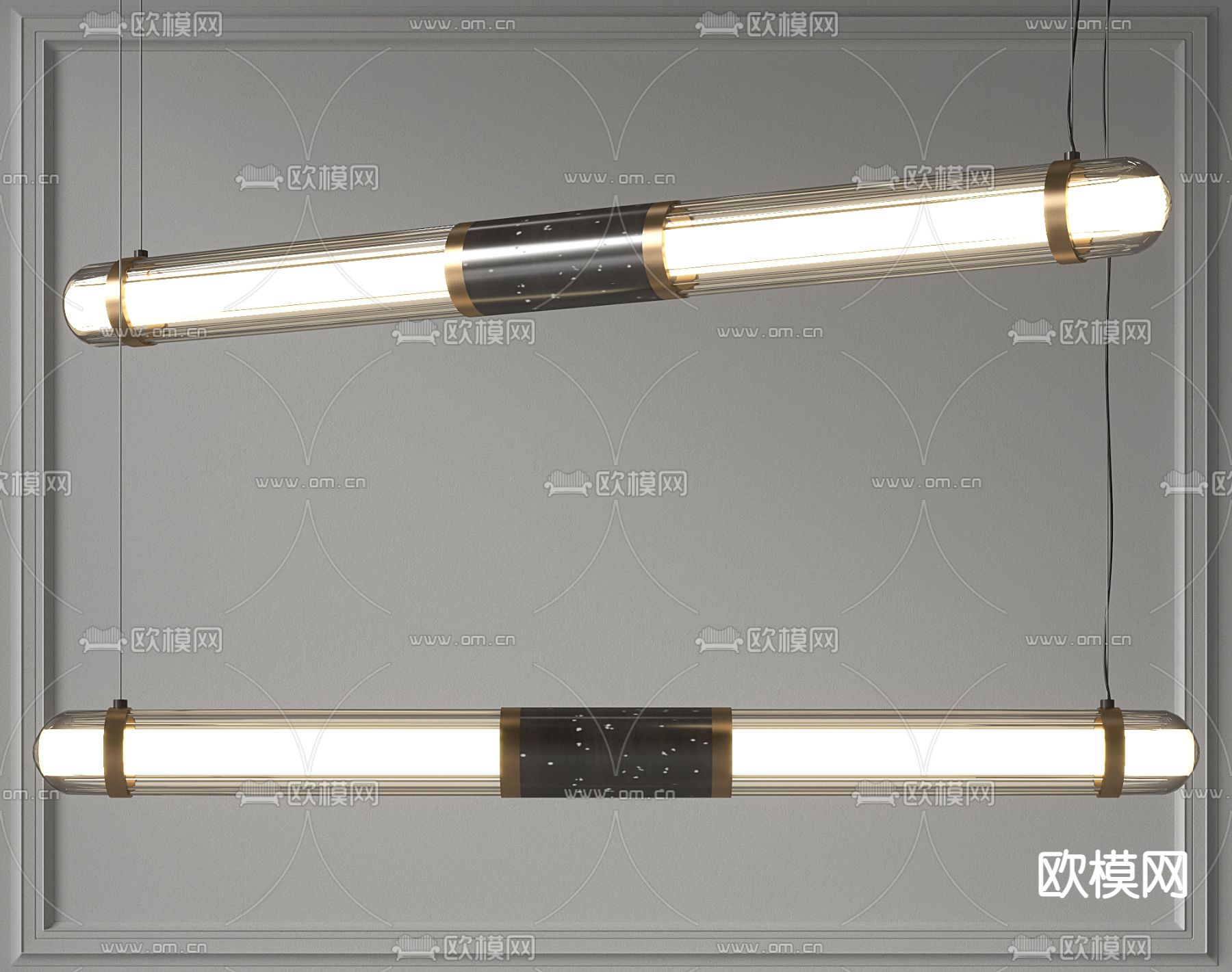 现代长条灯管办公吊灯3d模型下载
