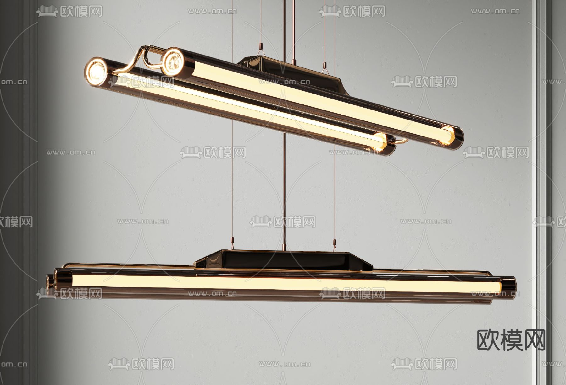现代双灯管办公吊灯3d模型下载