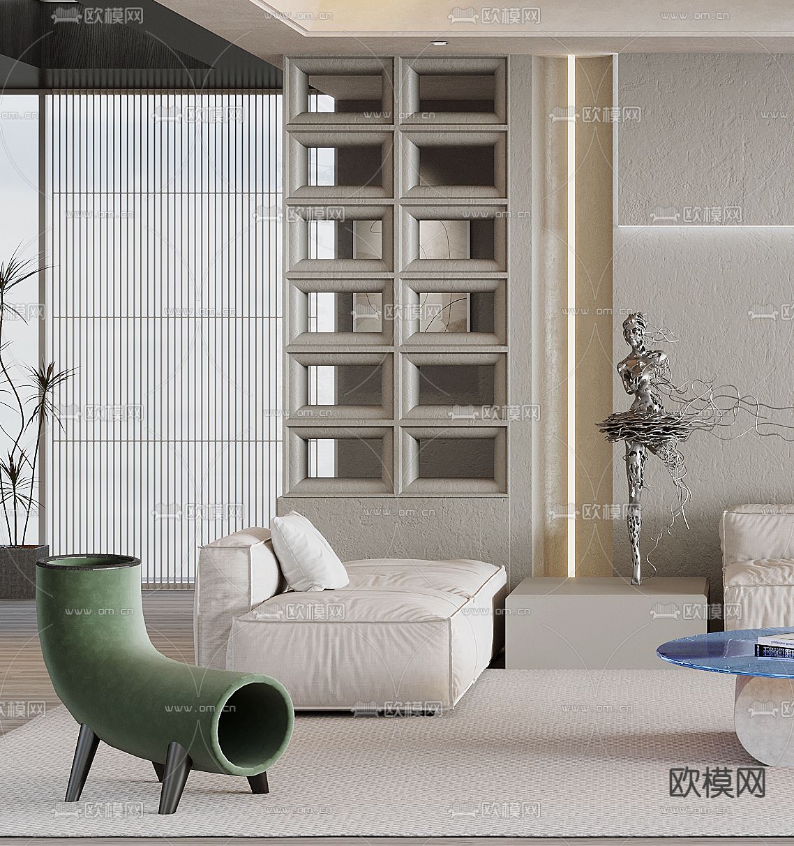 侘寂奶油风客厅3d模型下载（渲染图3）