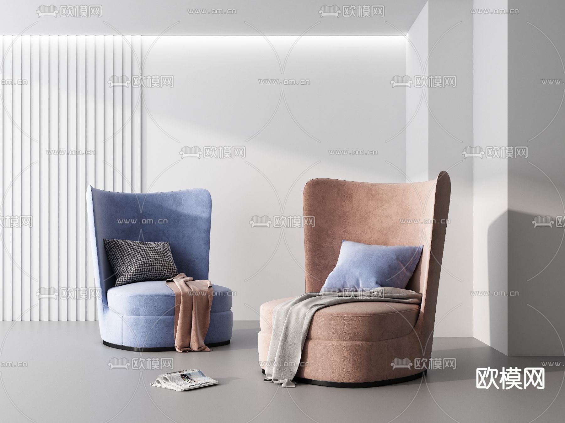 现代蓝色高背单人沙发3d模型下载