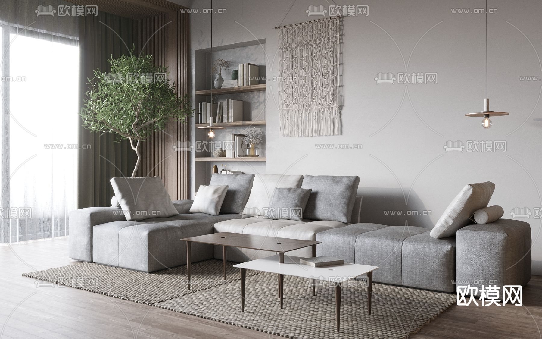 现代灰白色拼接转角沙发3d模型下载