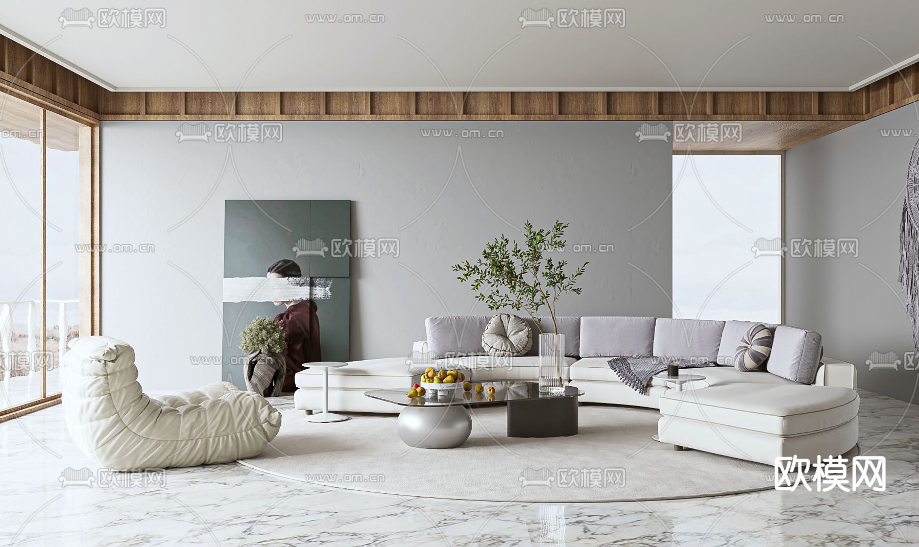 现代奶油风弧形组合沙发3d模型下载_ID11988305_3dmax免费模型-欧模网