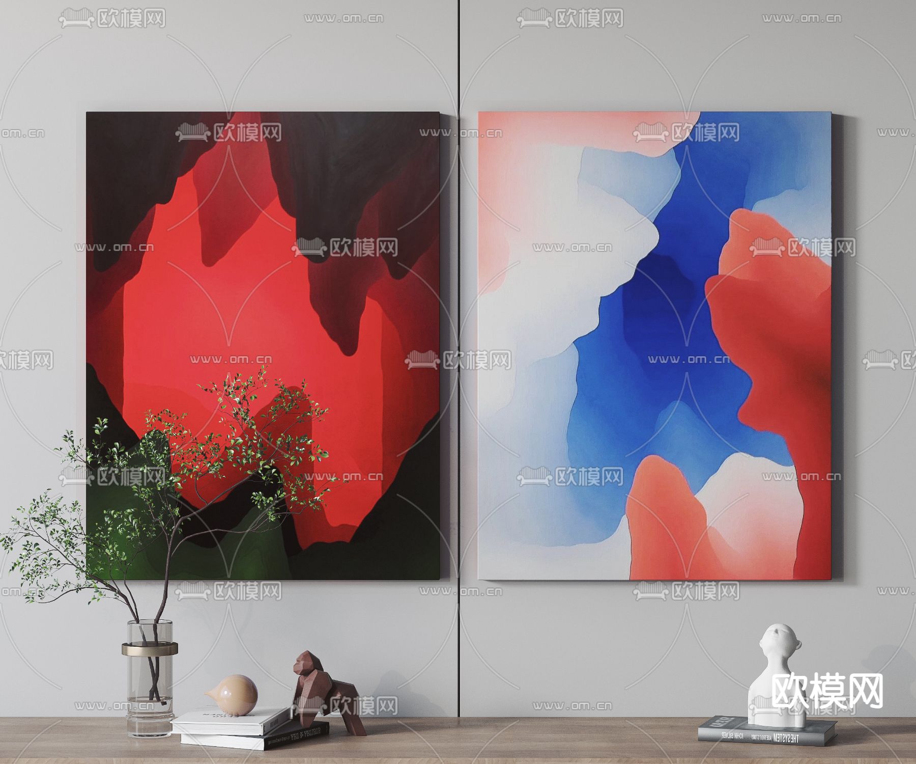 孟菲斯风红蓝抽象装饰画3d模型下载