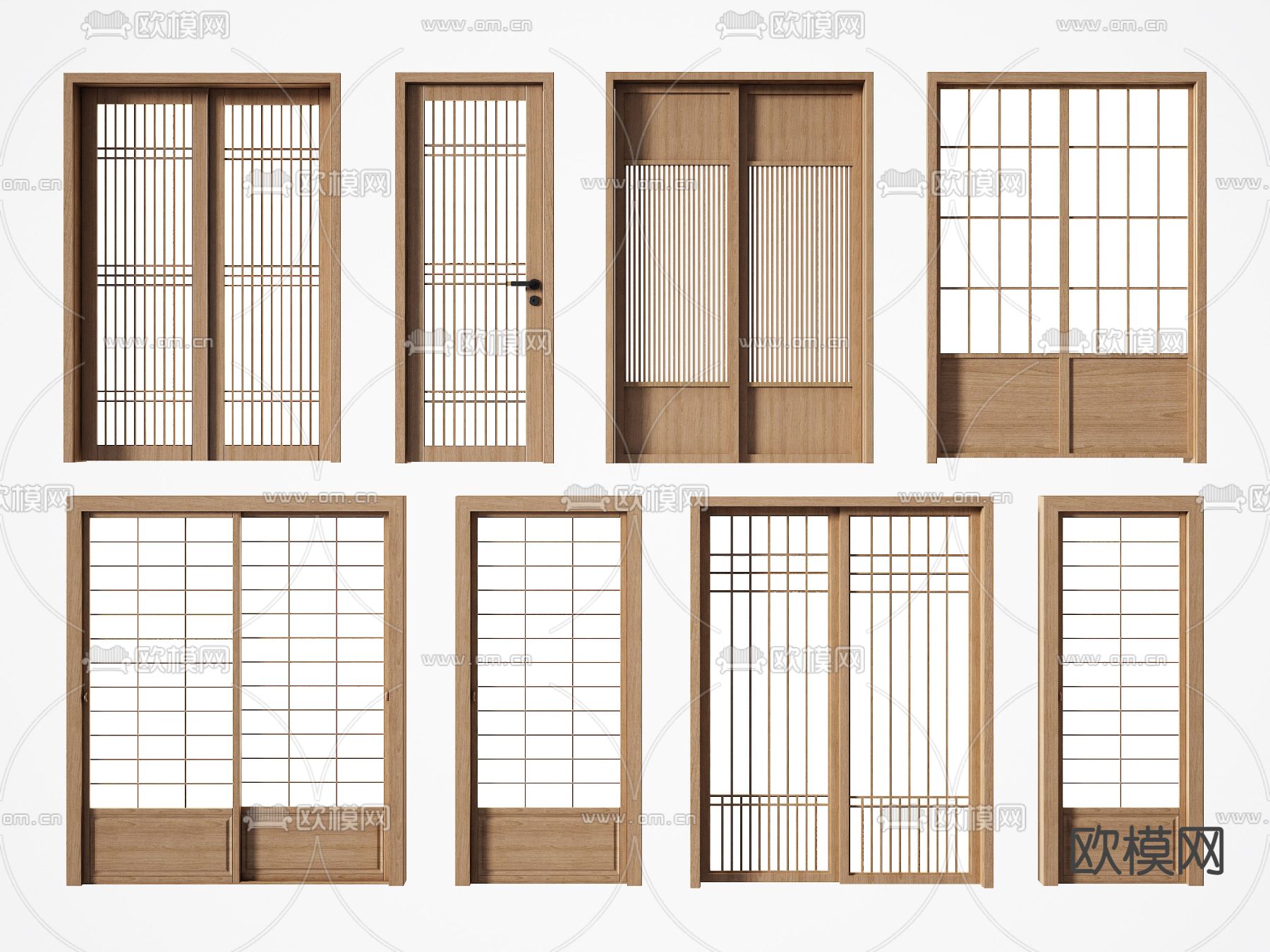 日式推拉门双开门3d模型下载