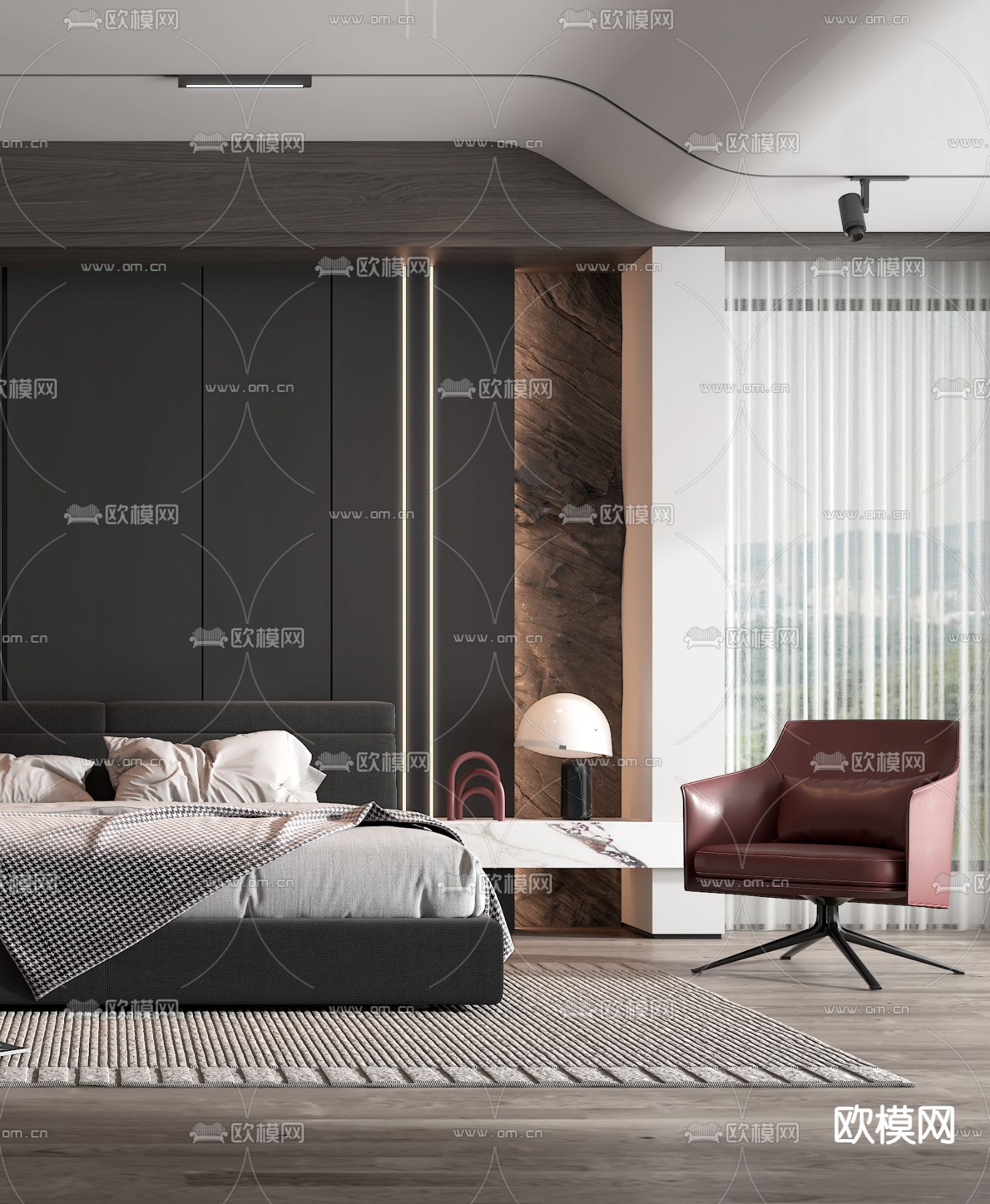 现代高级灰卧室主人房3d模型下载（渲染图3）