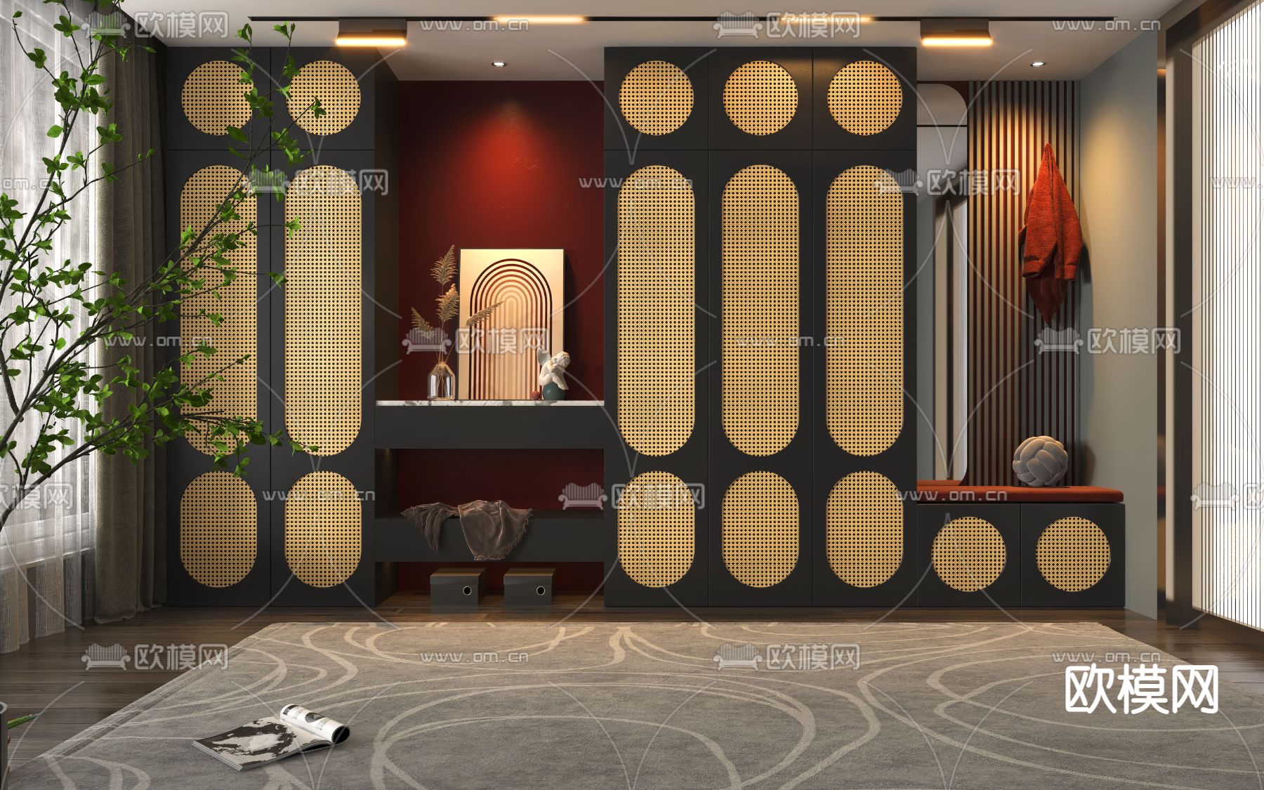 东南亚藤编玄关鞋柜3d模型下载（渲染图1）