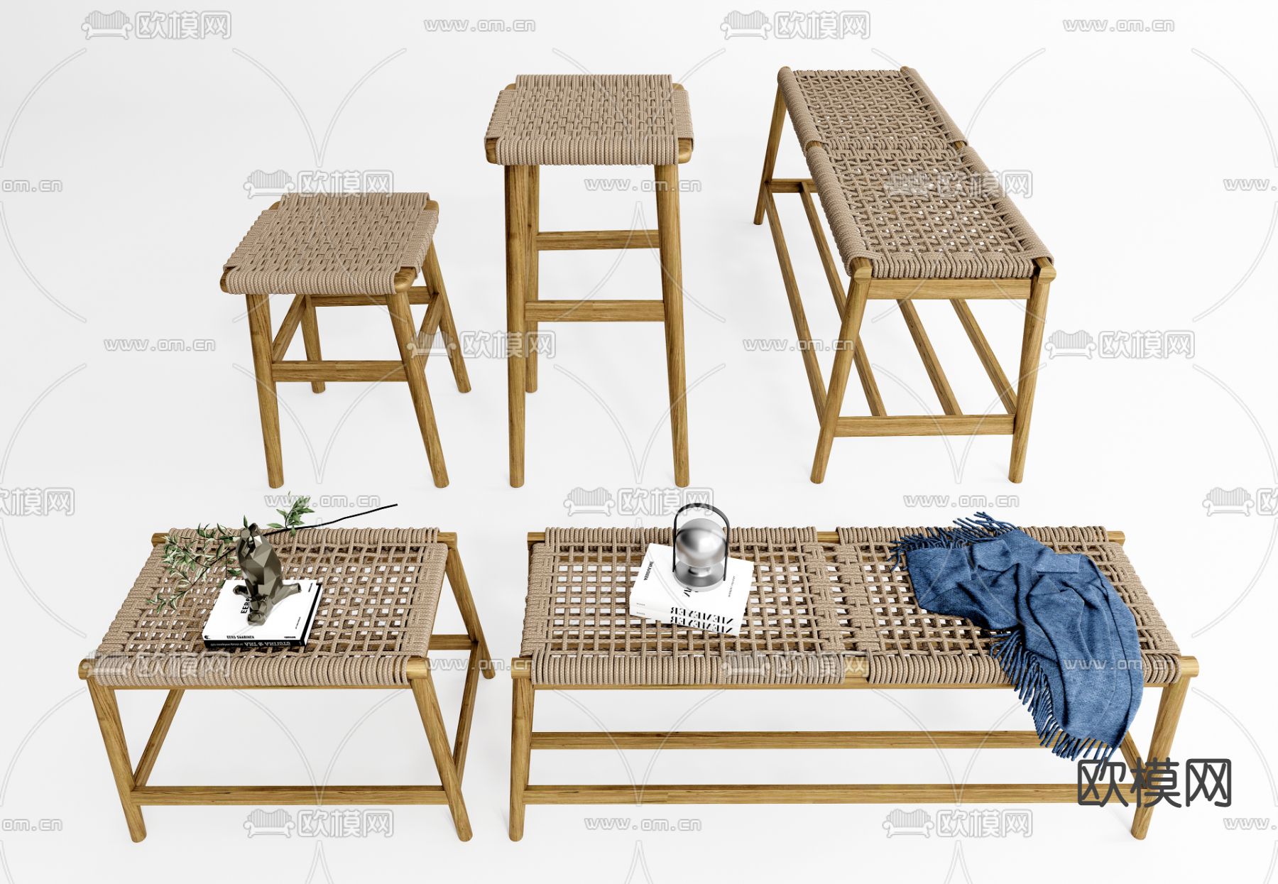 北欧藤编长板凳3d模型下载