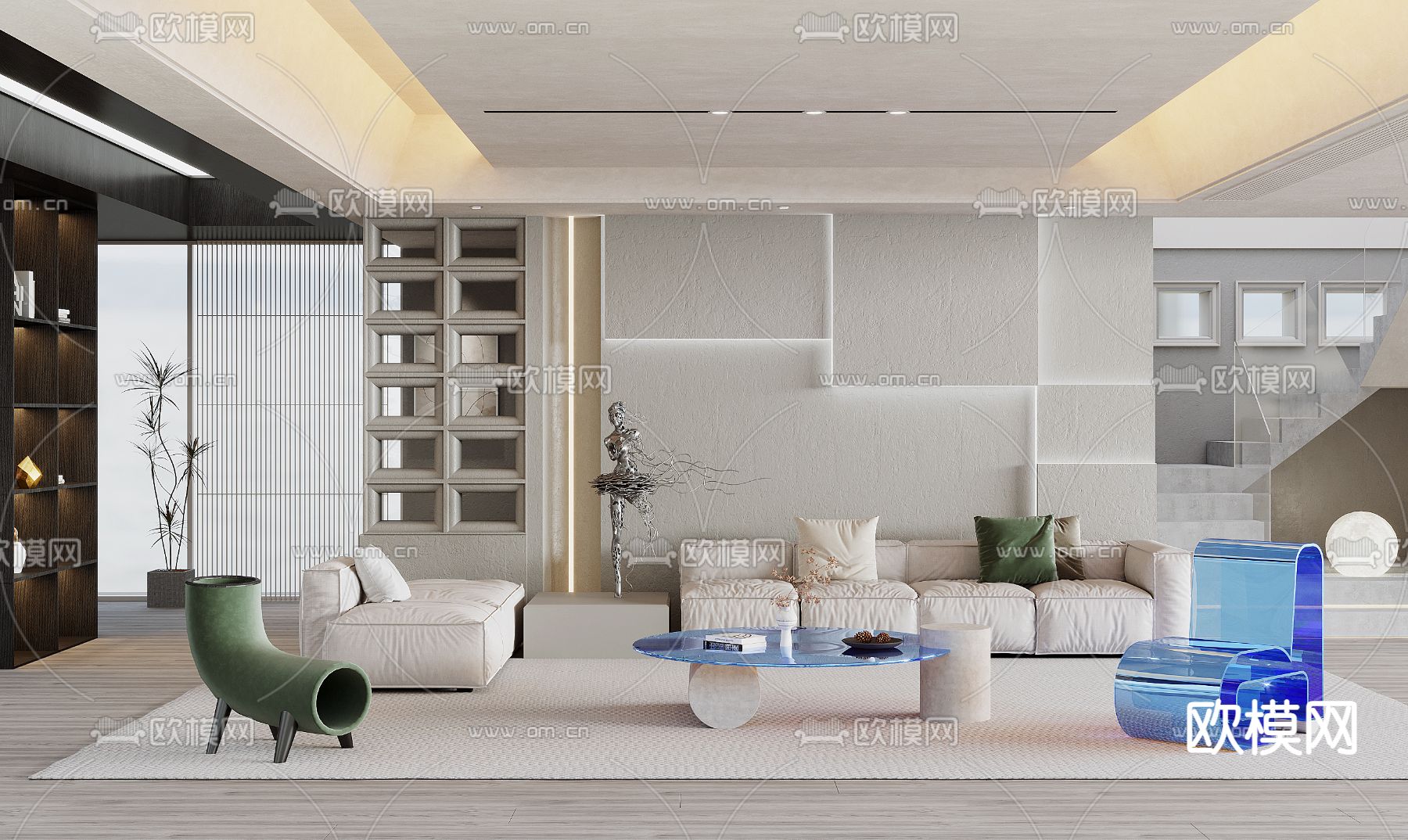 侘寂奶油风客厅3d模型下载（渲染图1）