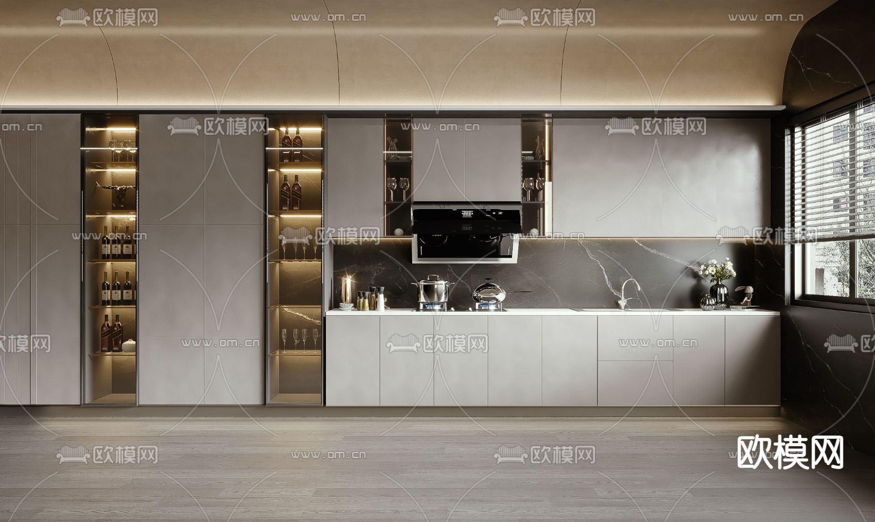 侘寂风厨房橱柜3d模型下载（渲染图1）
