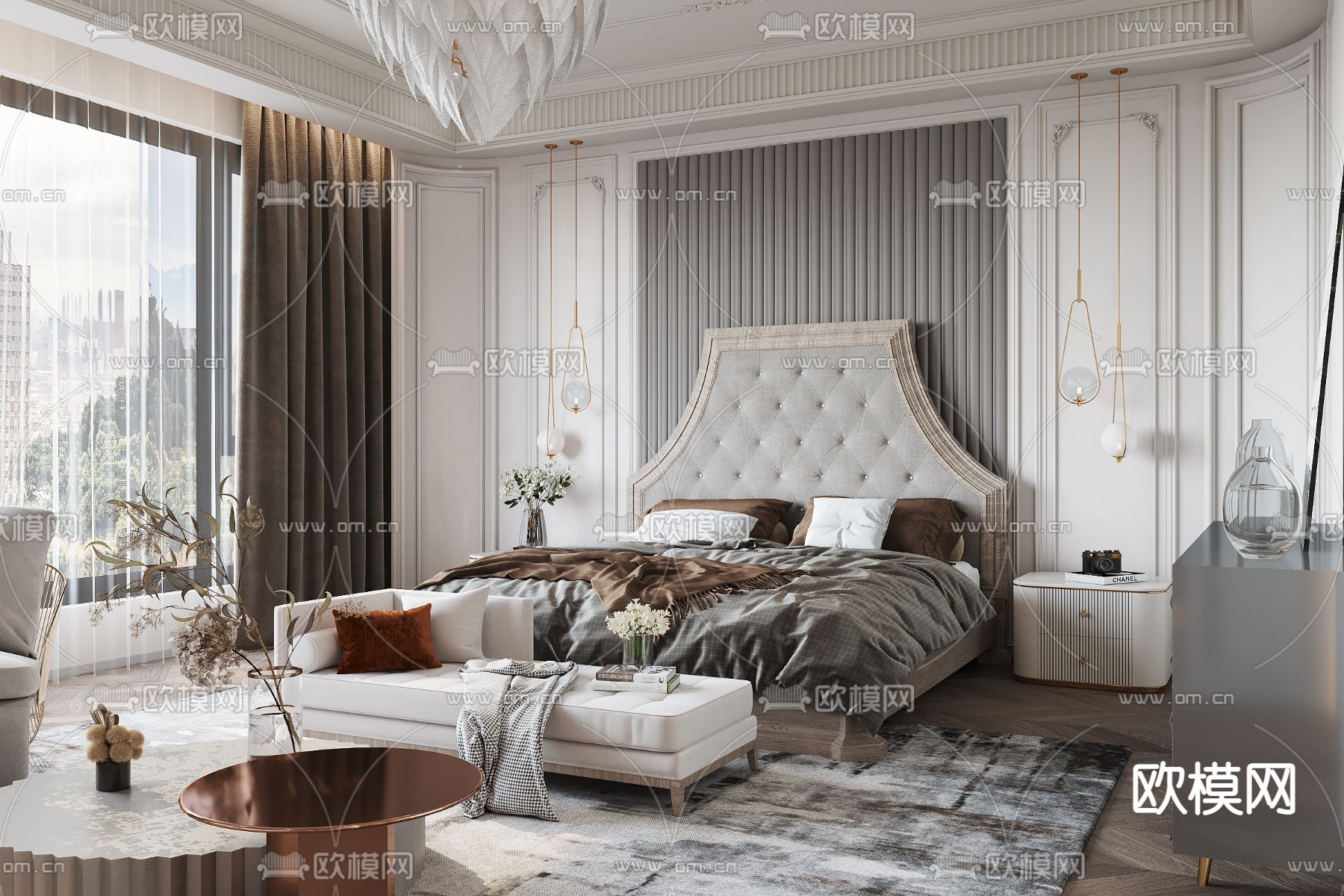 美式卧室主人房3d模型下载（渲染图2）