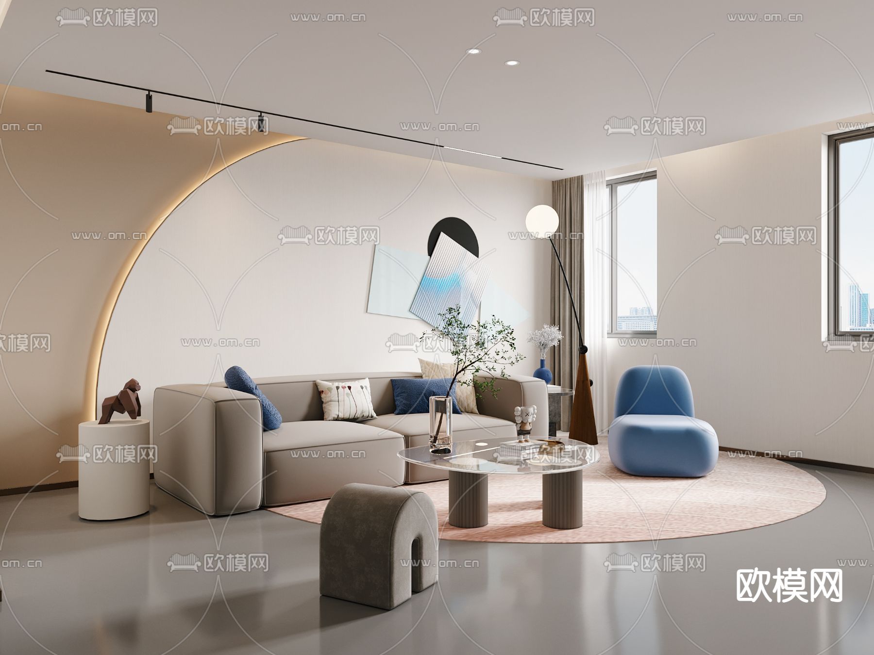 奶油风布艺组合沙发3d模型