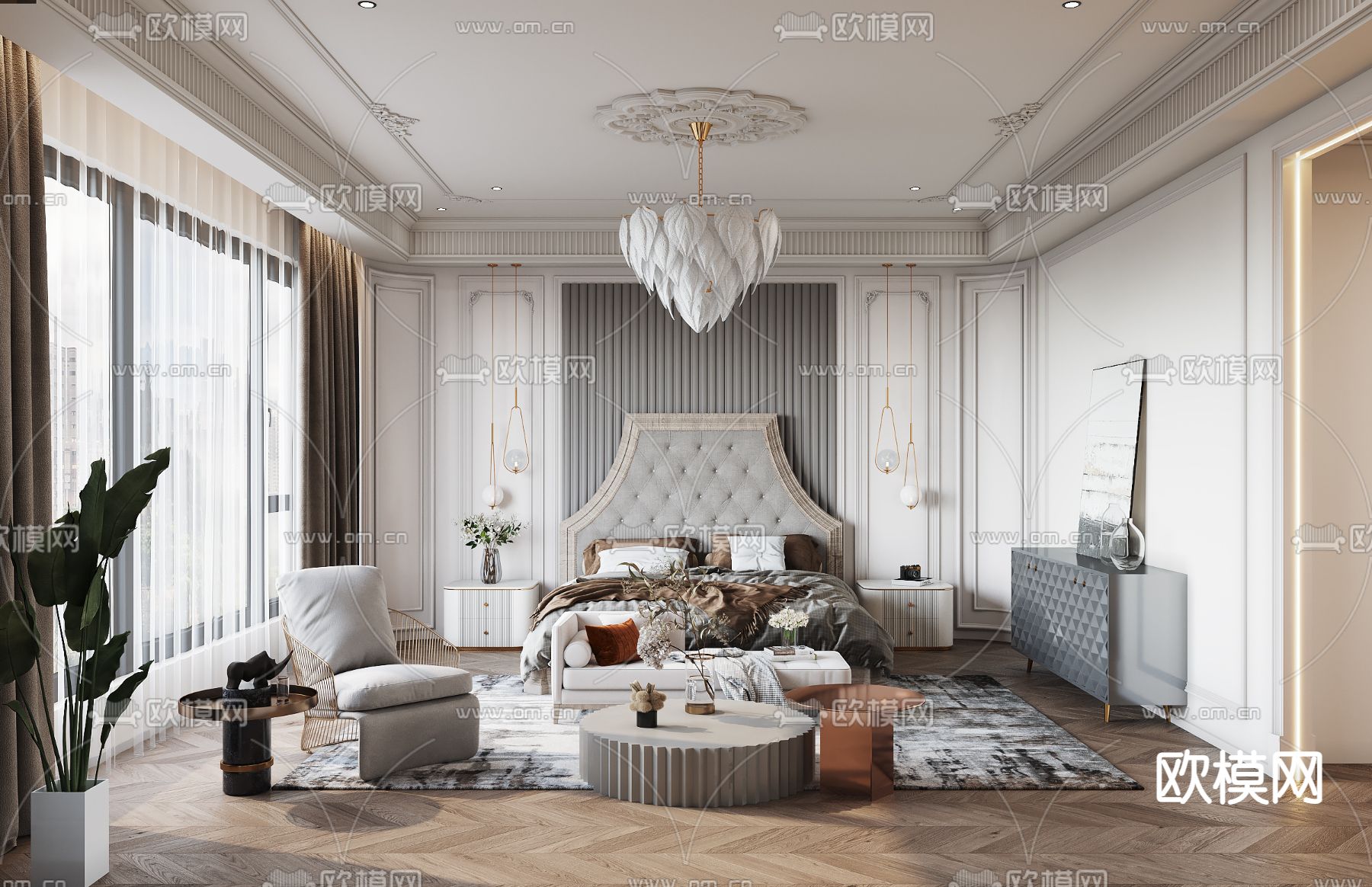 美式卧室主人房3d模型下载（渲染图1）