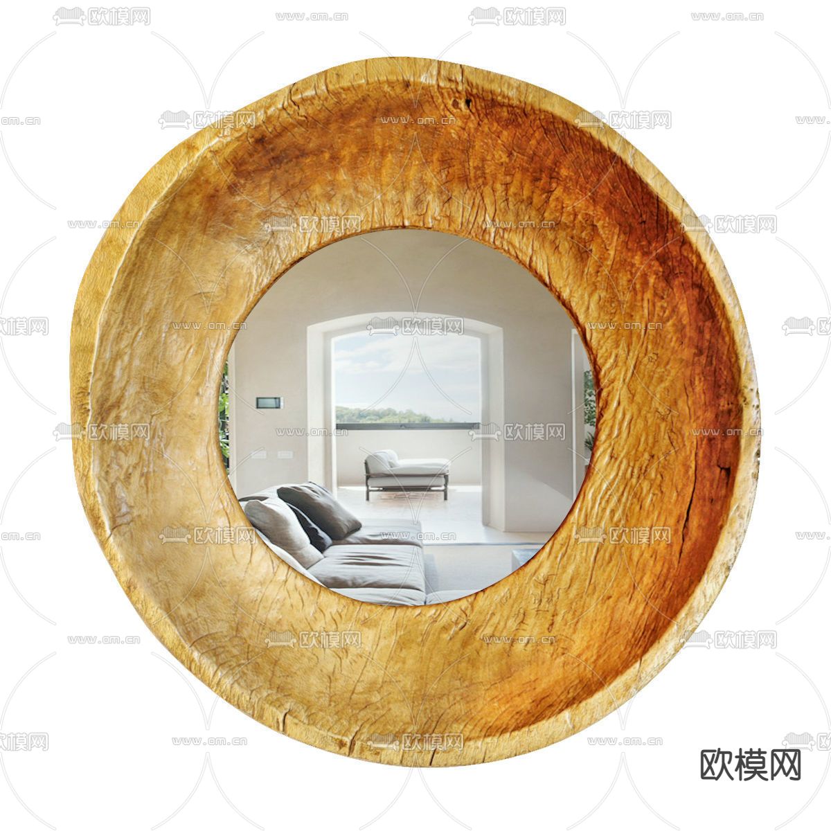 北欧圆形柚木装饰镜3d模型下载（渲染图2）
