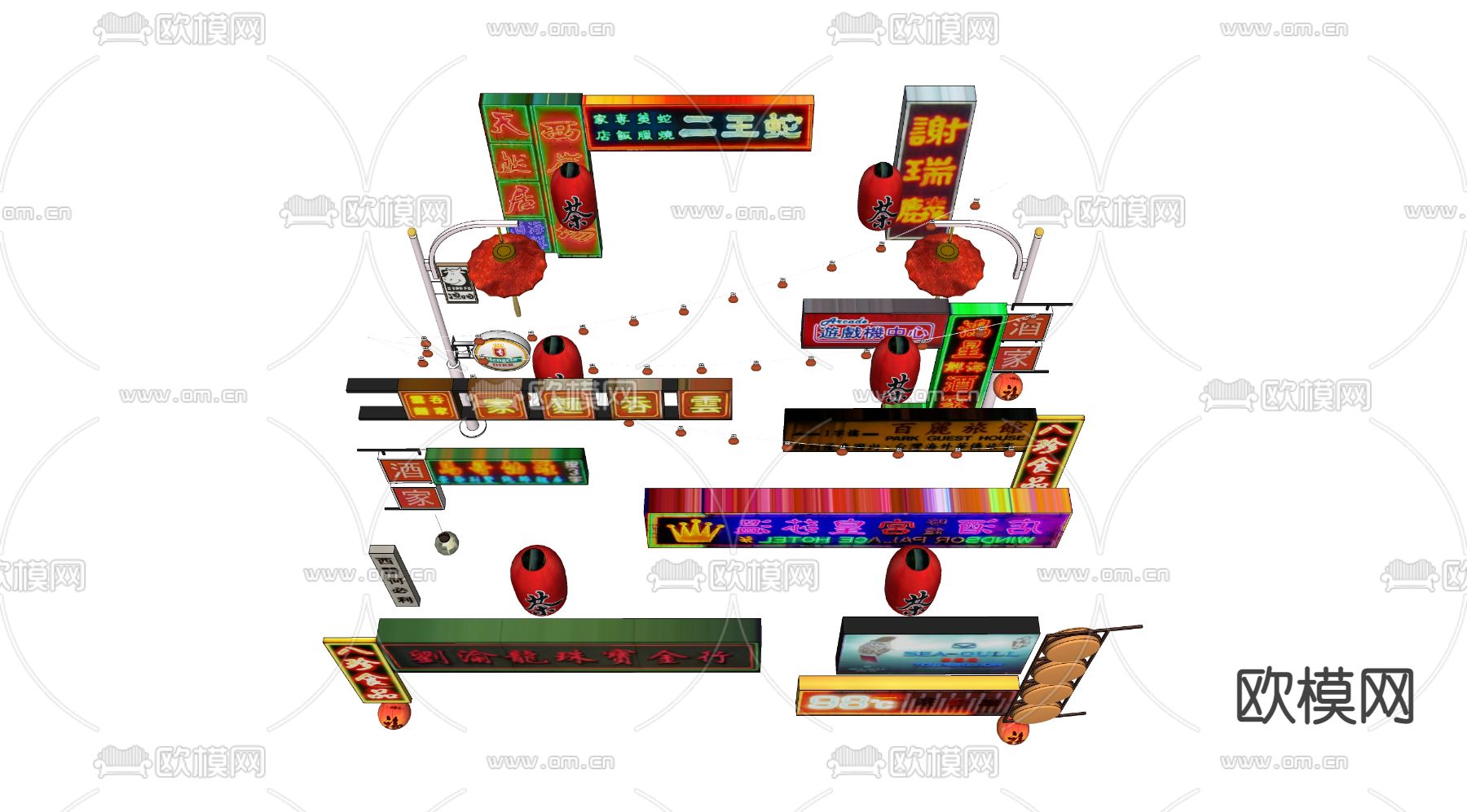 中式霓虹灯灯箱su模型下载（渲染图2）