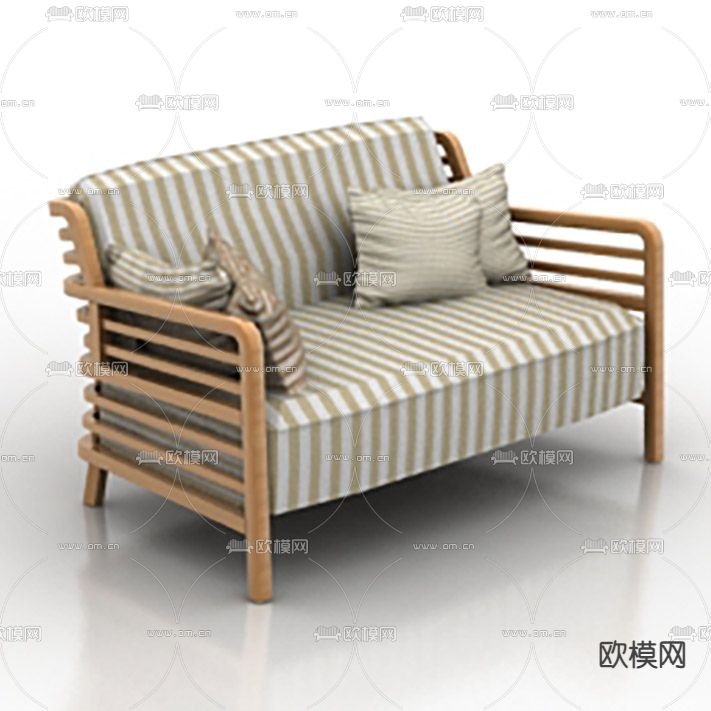 北欧简约实木条纹布艺双人沙发免费3d模型下载