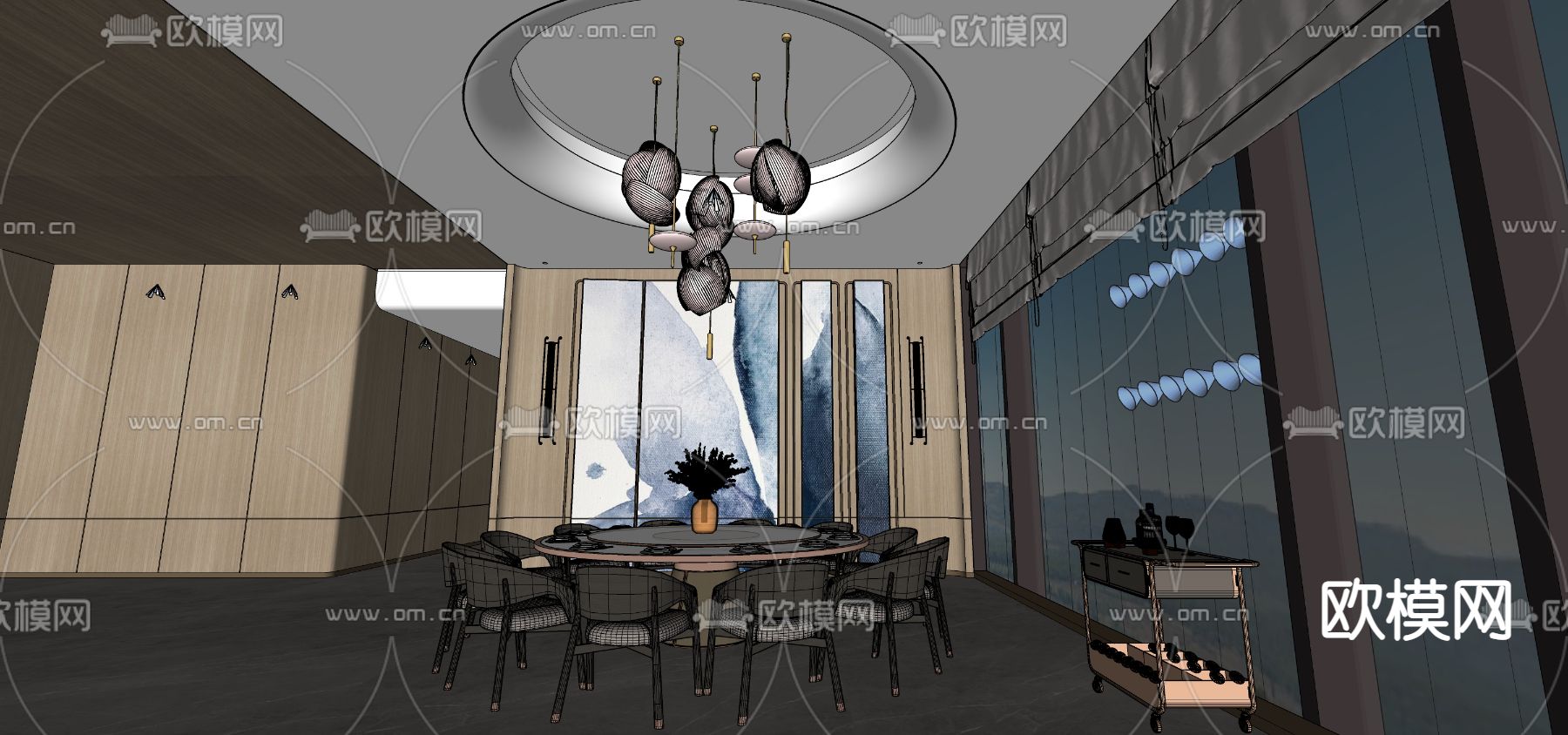 现代轻奢餐厅包房su模型下载（渲染图3）