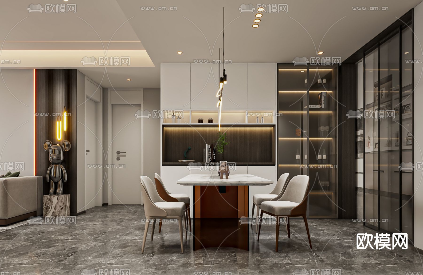 现代高级灰客餐厅3d模型下载（渲染图2）
