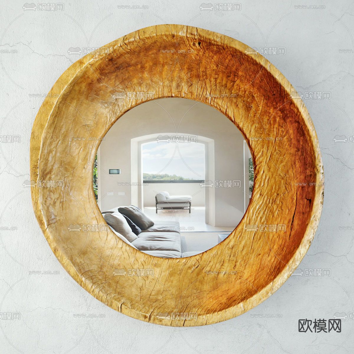 北欧圆形柚木装饰镜3d模型下载（渲染图1）