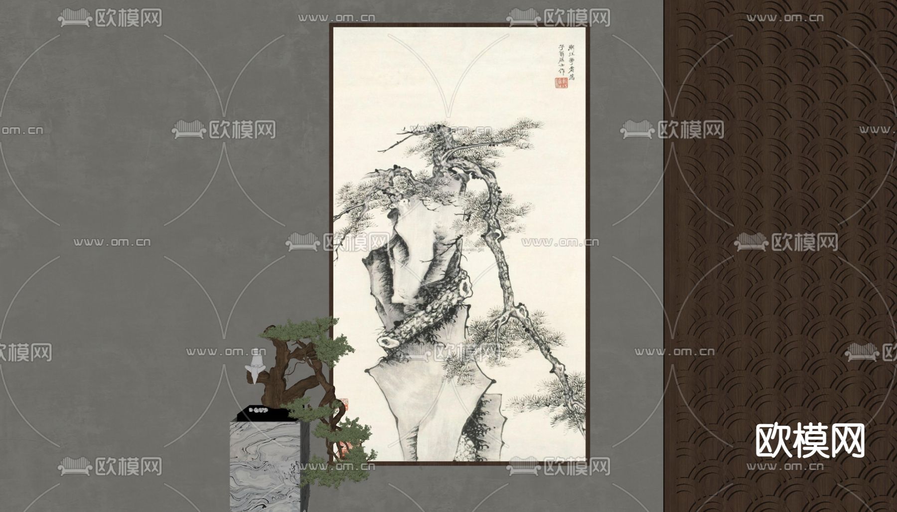 新中式水墨装饰画su模型