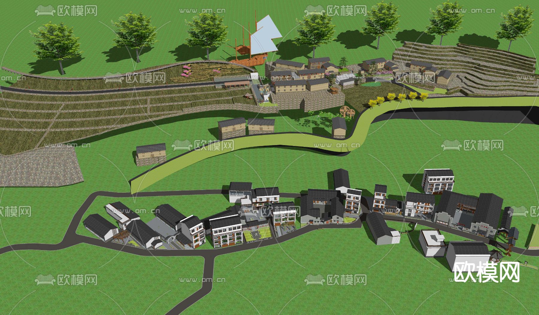 中式美丽乡村鸟瞰su模型下载