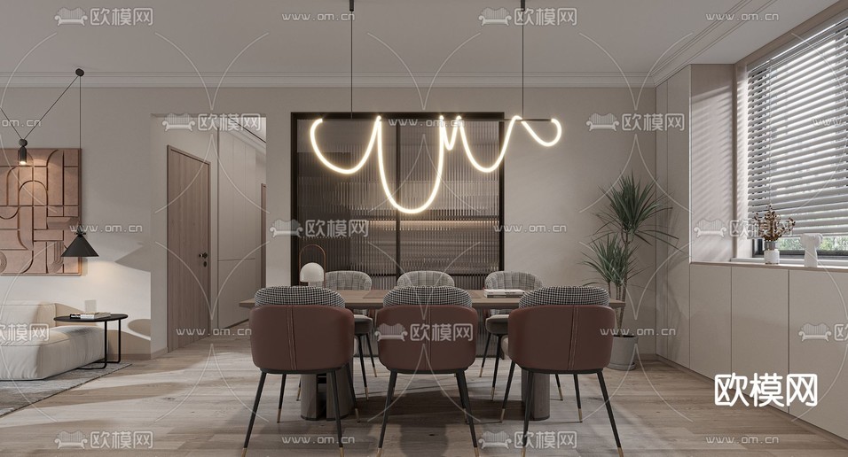 现代客厅餐厅3d模型下载(渲染图5)