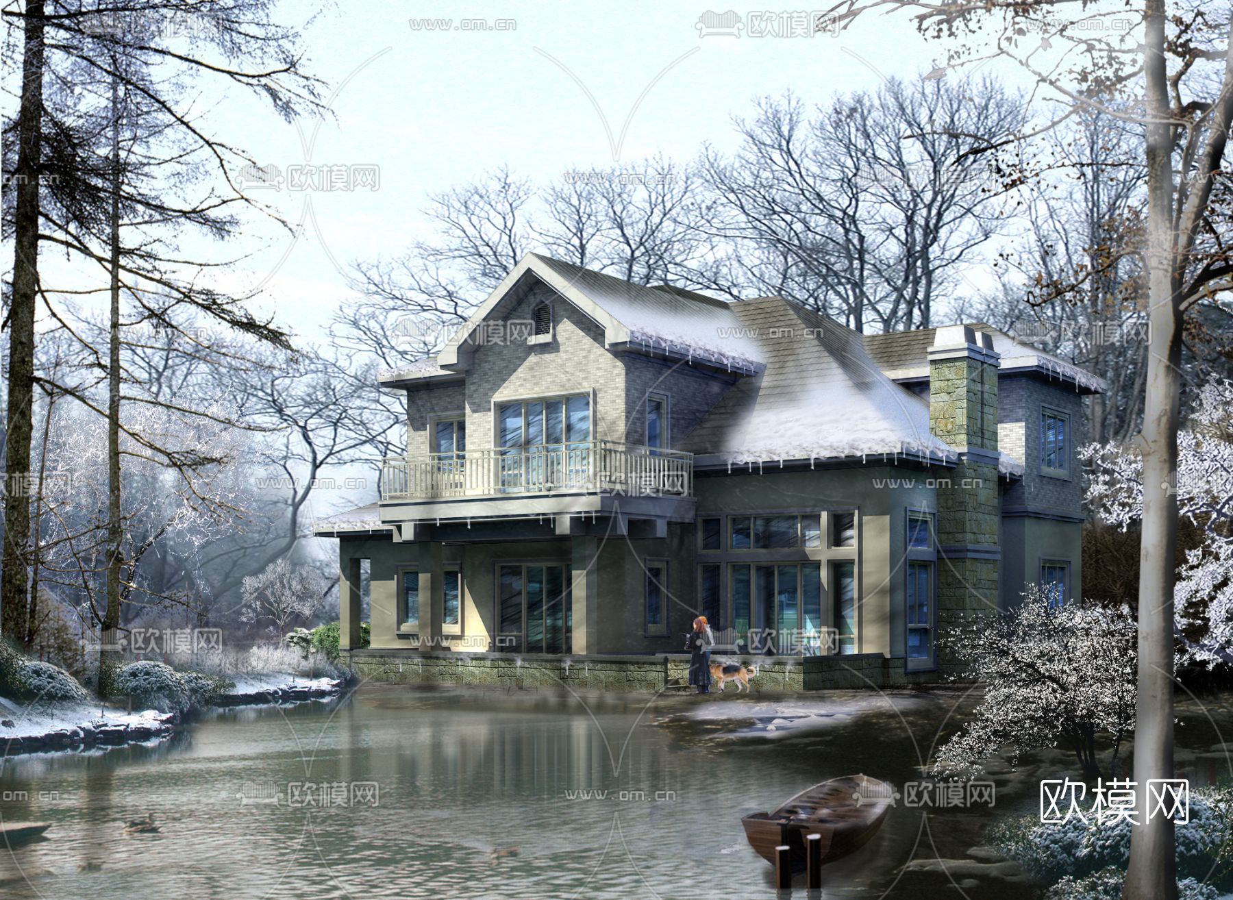 欧式独栋雪景别墅外观psd下载