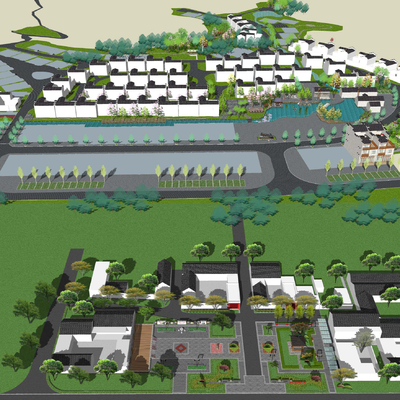  中式美丽乡村鸟瞰su模型 