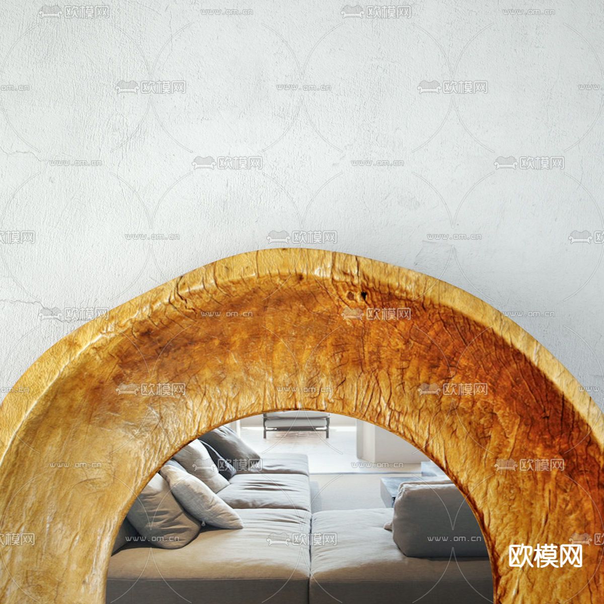 北欧圆形柚木装饰镜3d模型下载（渲染图4）