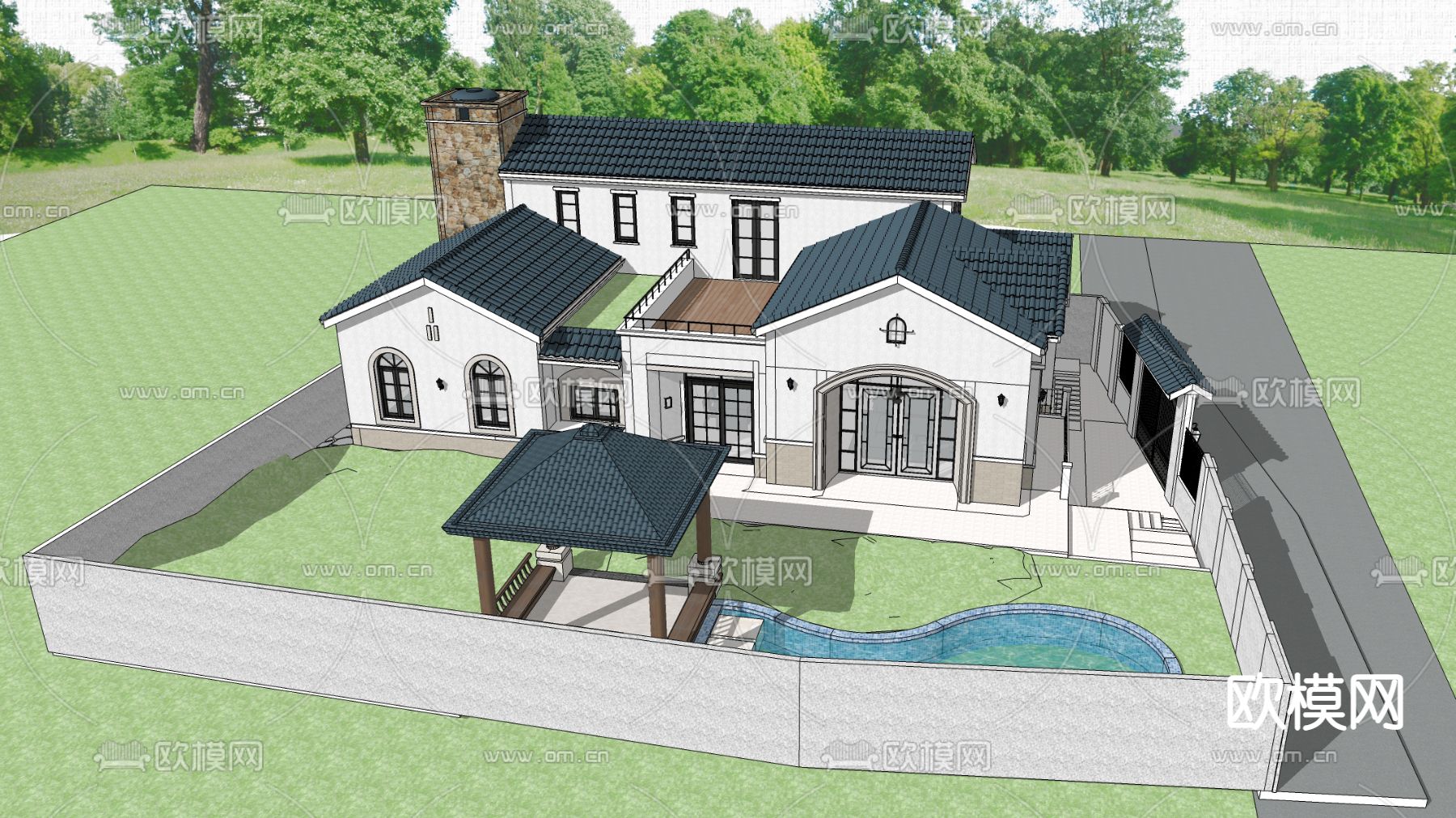 地中海独栋别墅外观su模型下载（渲染图4）