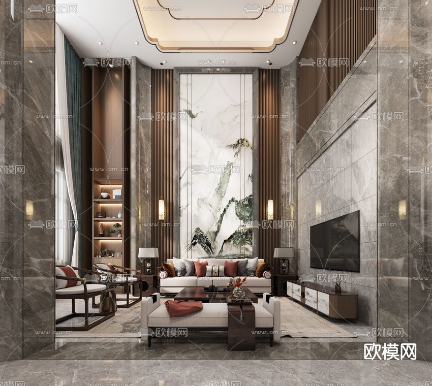 新中式挑空别墅客厅餐厅3d模型下载_ID11989136_3dmax免费模型-欧模网