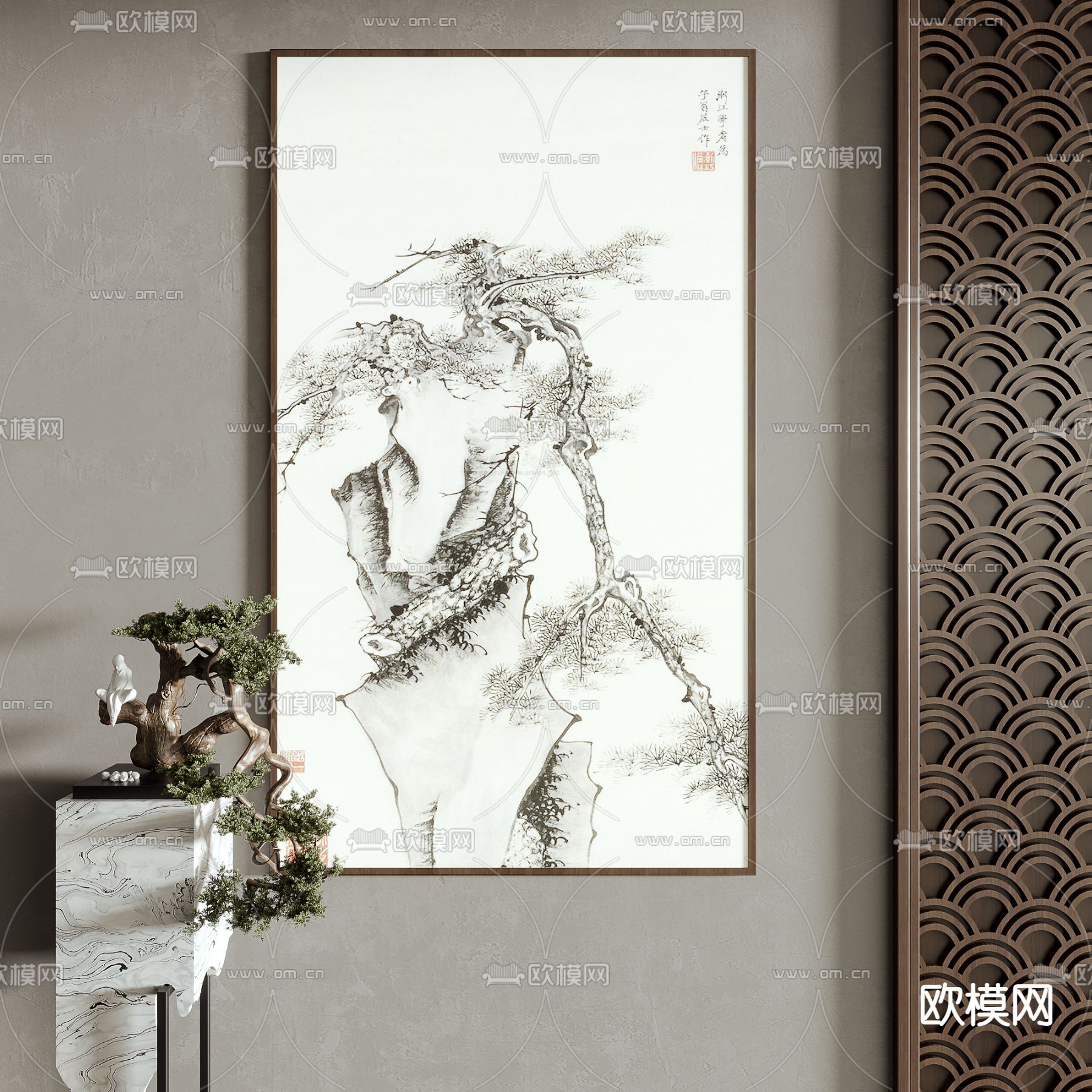 新中式水墨装饰画su模型