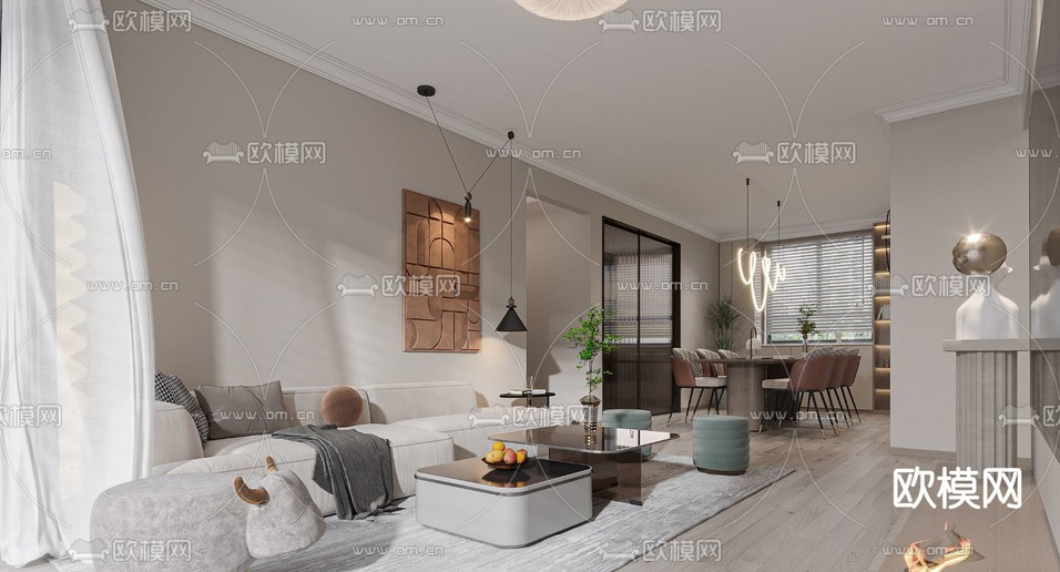 现代客厅餐厅3d模型下载(渲染图4)