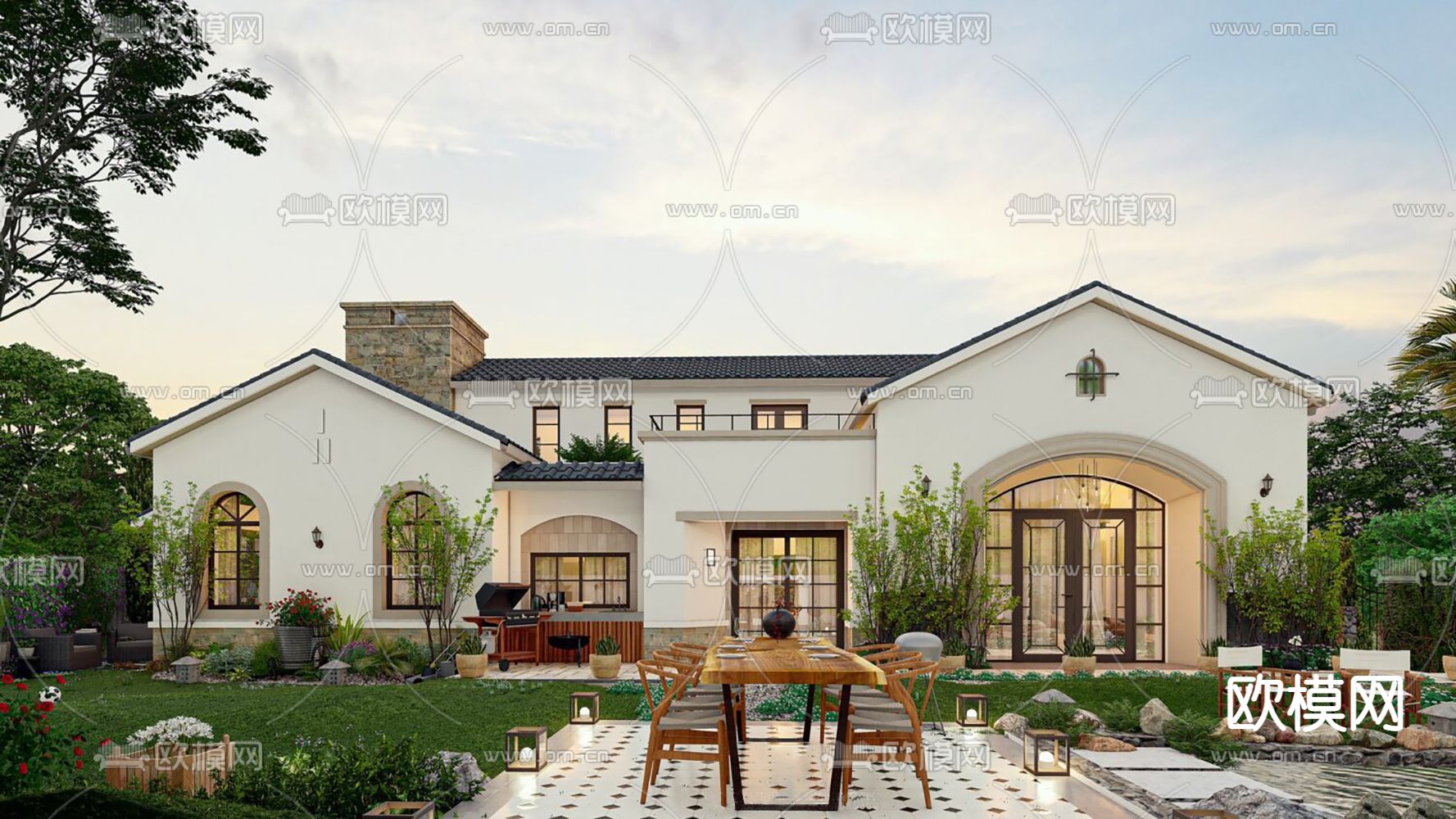 地中海独栋别墅外观su模型下载（渲染图1）