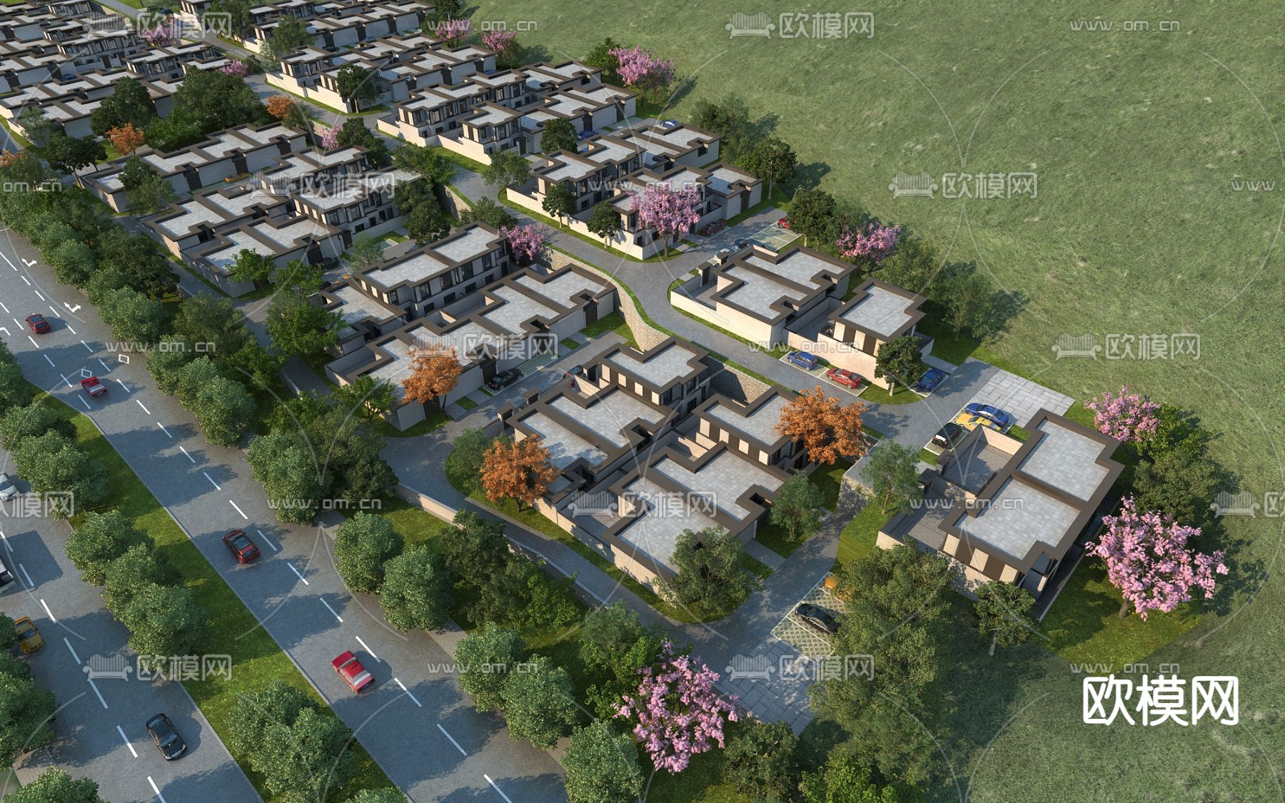 中式连排别墅鸟瞰规划3d模型下载