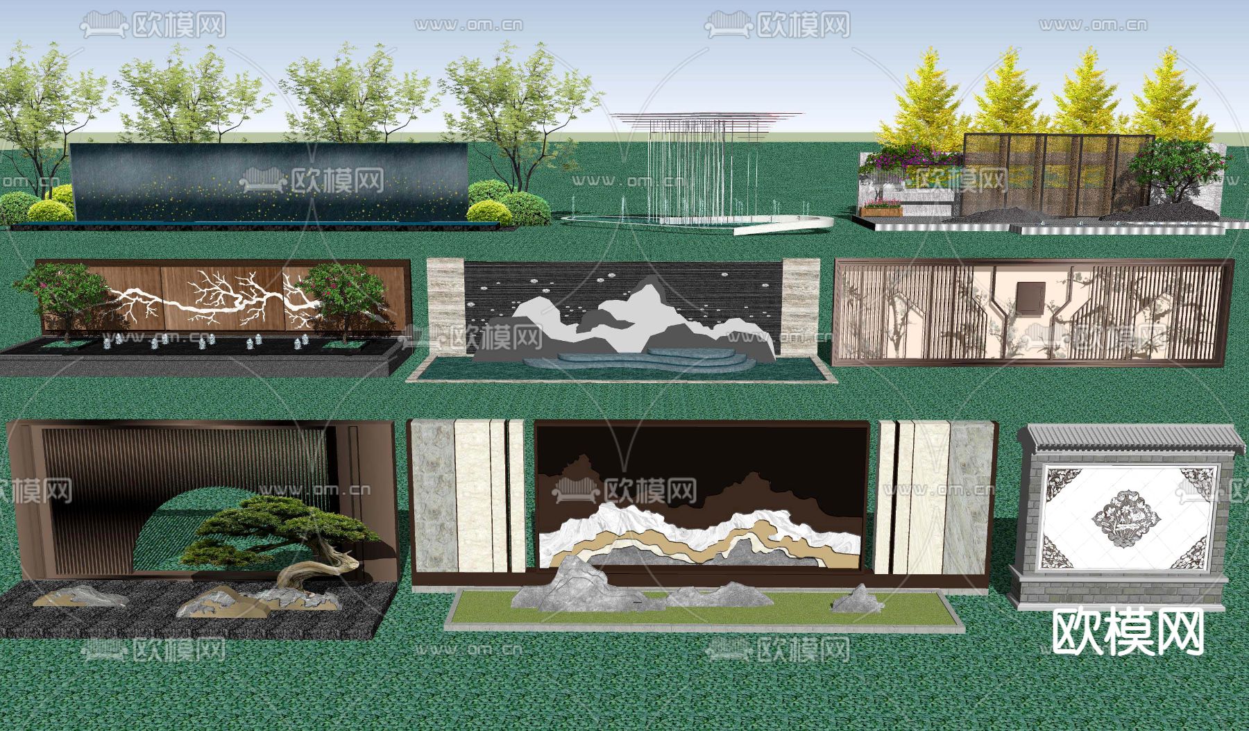 新中式景墙小品su模型下载_ID11991260_sketchup模型下载-欧模网
