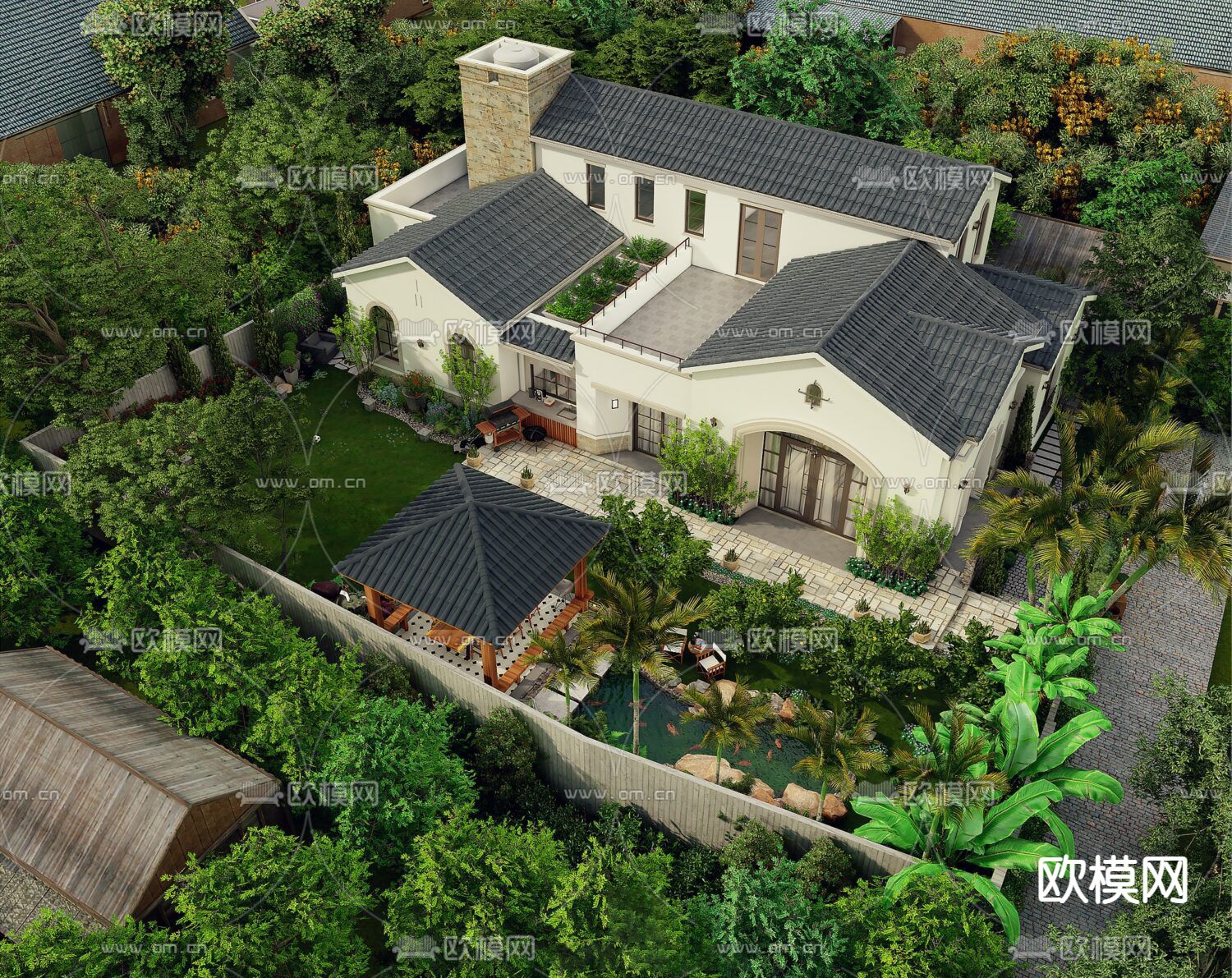 地中海独栋别墅外观su模型下载（渲染图3）