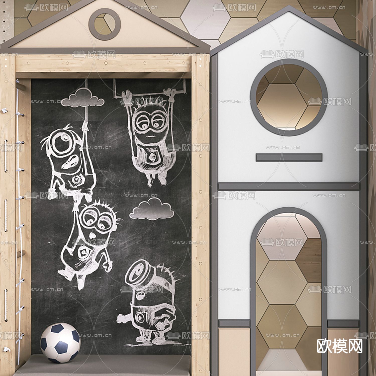 现代原木儿童攀爬墙涂鸦黑板3d模型下载（渲染图4）