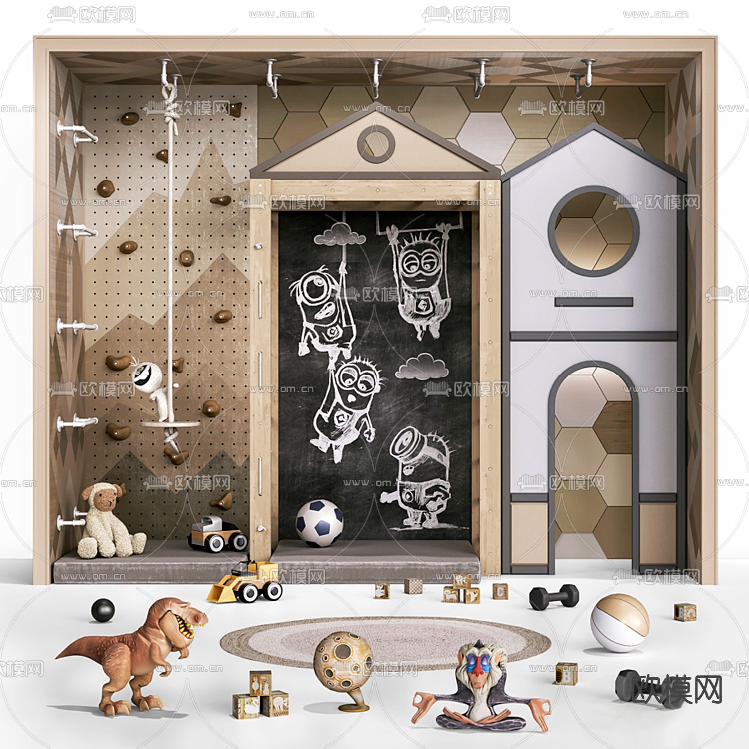 现代原木儿童攀爬墙涂鸦黑板3d模型下载（渲染图1）
