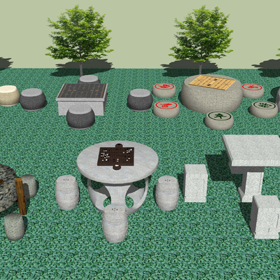  中式象棋围棋石桌椅凳su模型 