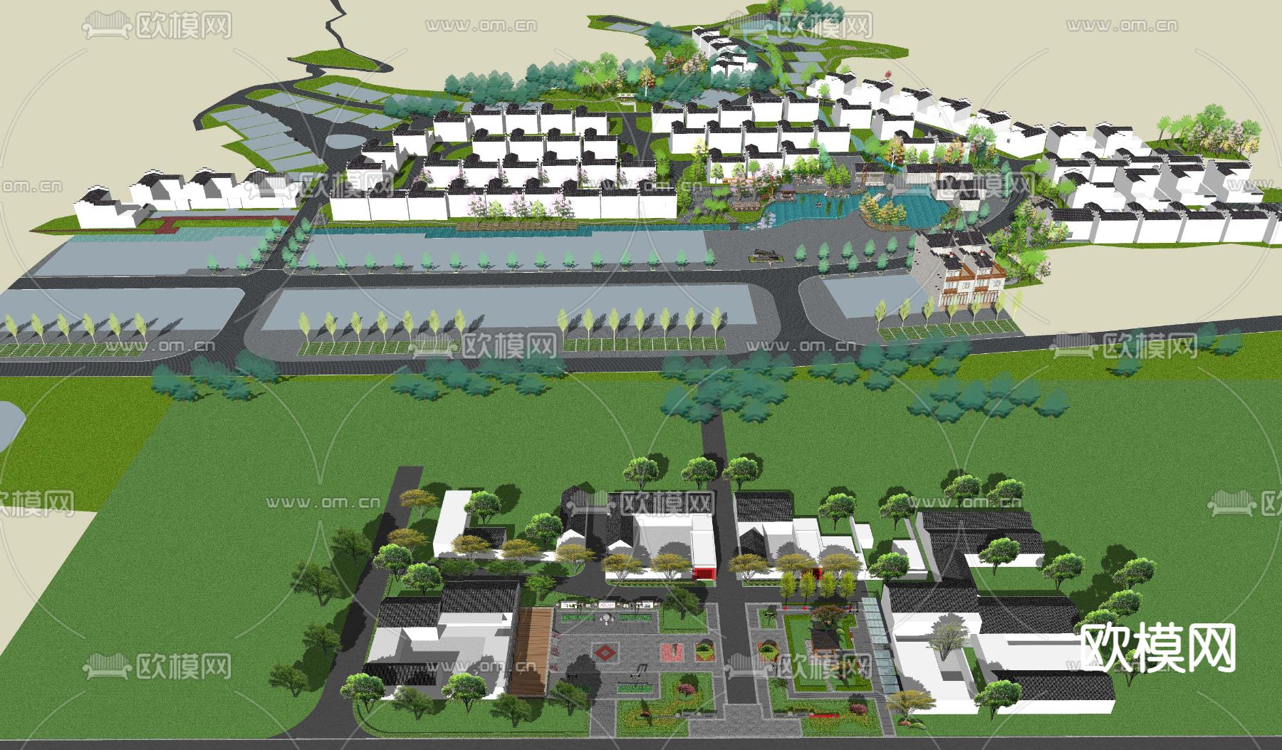 中式美丽乡村鸟瞰su模型下载