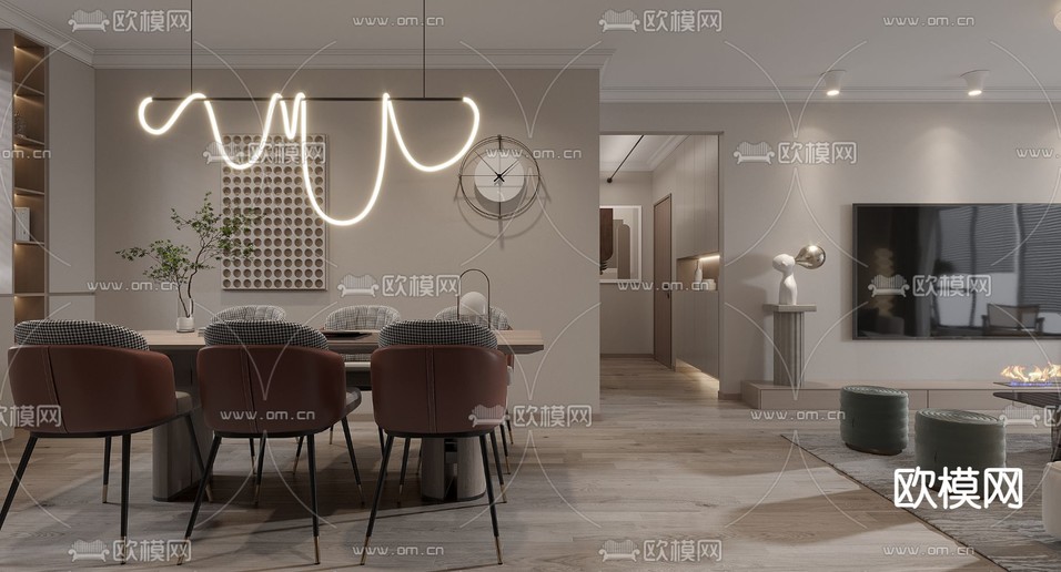 现代客厅餐厅3d模型下载(渲染图1)