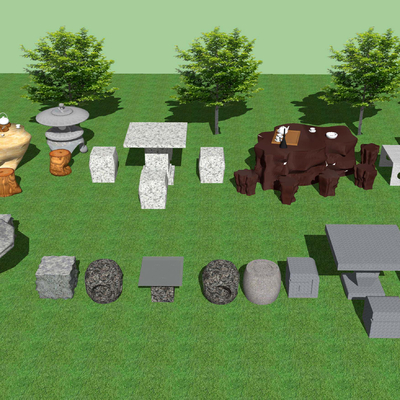  中式象棋围棋石桌椅凳su模型 