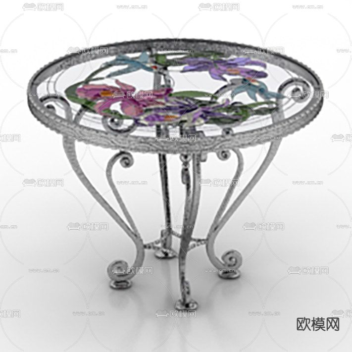 美式复古铁艺雕花玻璃彩绘艺术休闲桌椅免费3d模型下载