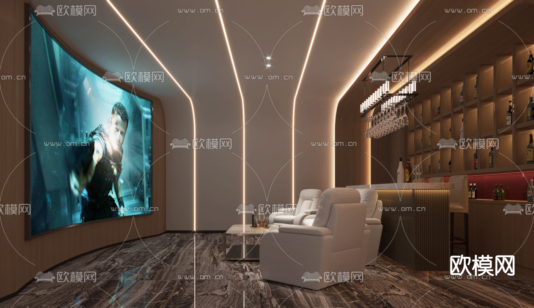 现代影音室3d模型下载（渲染图1）