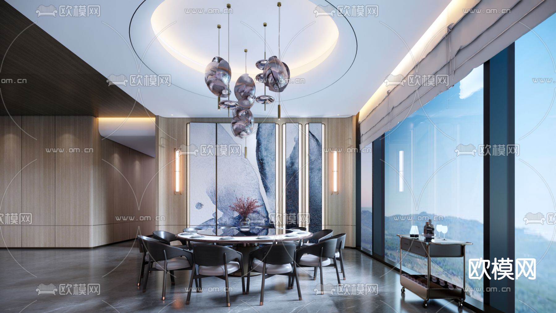 现代轻奢餐厅包房su模型下载（渲染图1）