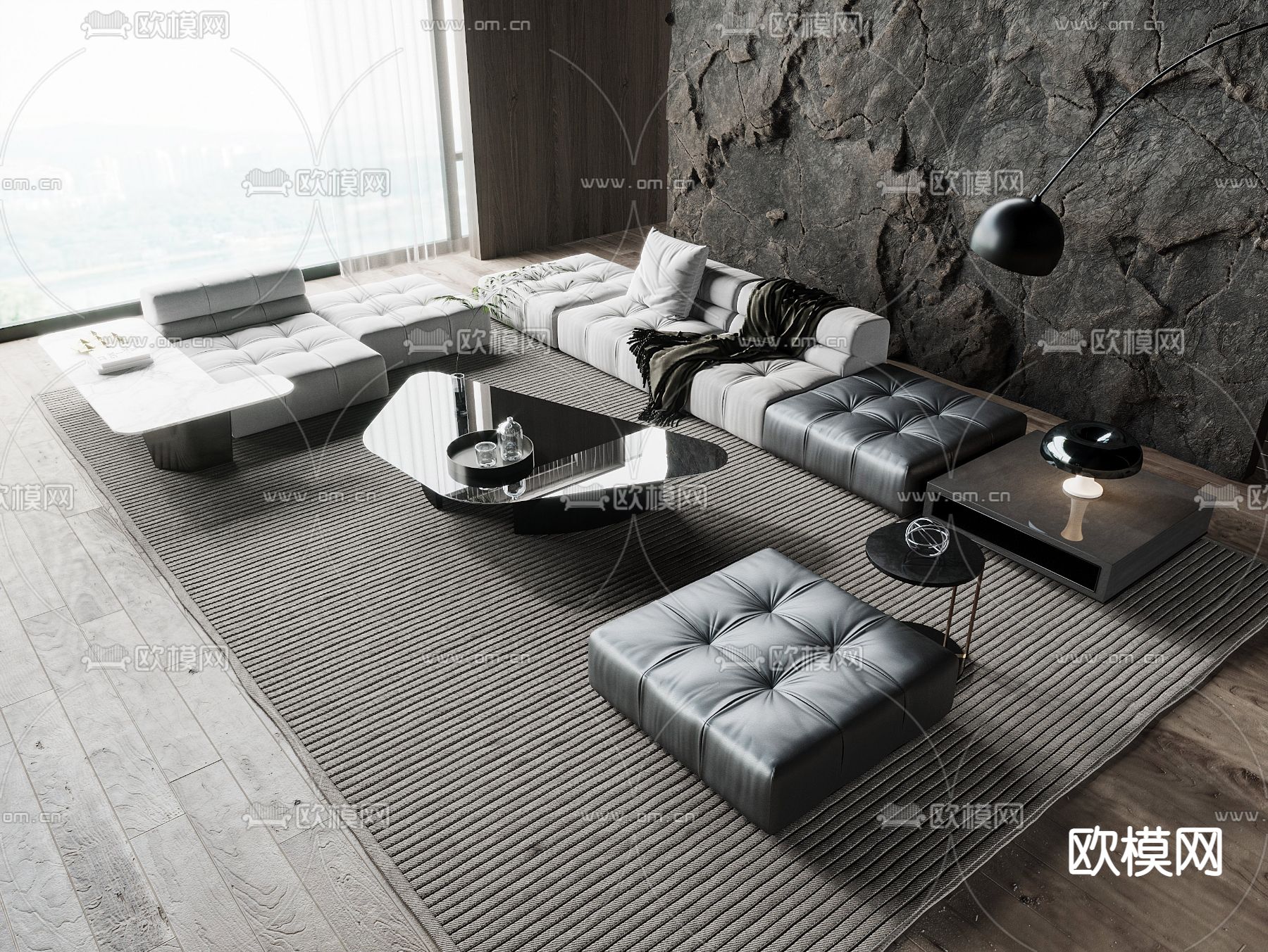 现代皮革黑白灰沙发组合3d模型下载_ID11992206_3dmax免费模型-欧模网