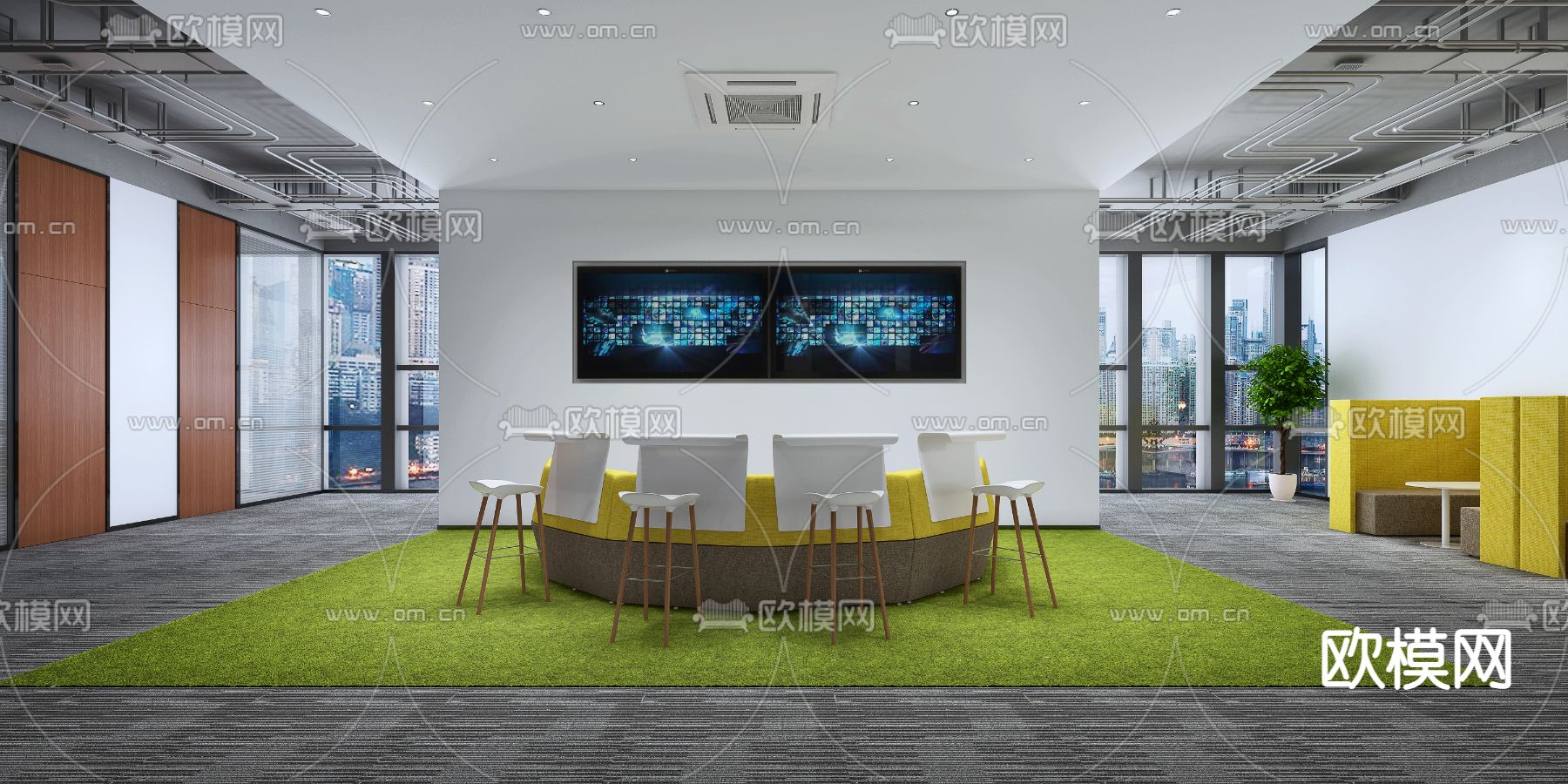 现代办公室办公区休息区3d模型下载（渲染图2）